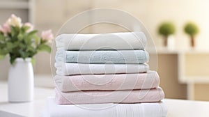 Neatly Stacked Spa Towels Set on a White Table in a Tranquil Bathroom Setting