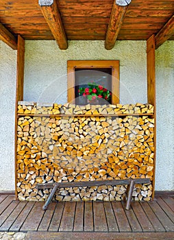 Neatly stacked wooden logs