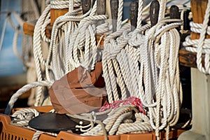 Neatly wound and stowed ropes on a sailboat