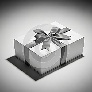 A neatly wrapped, rectangular gift box with a smooth, white surface is adorned with a