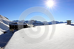 The Nebelhorn Mountain in winter. HÃ¶fatsblick (Hoefatsblick) station. The Alps, Germany.