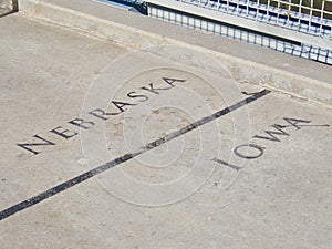 Nebraska Iowa borderline on the Bob Kerrey Pedestrian Bridge, Omaha, Nebraska