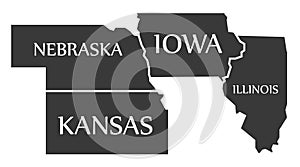 Nebraska - Kansas - Iowa - Illinois Map labelled black photo