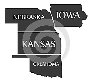 Nebraska - Kansas - Oklahoma - Iowa Map labelled black