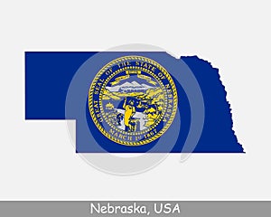 Nebraska Map Flag. Map of NE, USA with the state flag isolated on white background. United States, America, American, United State