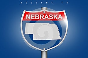 Nebraska map on highway road sign over blue background