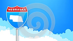 Nebraska map on road sign. Welcome to State of Nebraska. Vector illustration.