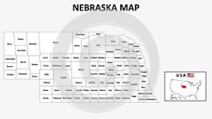Nebraska Map. State and district map of Nebraska. Administrative map of Nebraska with district and capital in white color