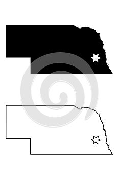 Nebraska NE state Map USA with Capital City Star at Lincoln. Black silhouette and outline isolated on a white background. EPS