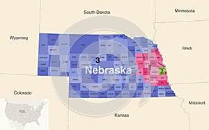 Nebraska state counties colored by congressional districts vector map with neighbouring states and terrotories