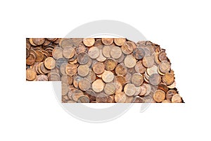 Nebraska State Map Outline and United States Money Concept,   Piles of Coins, Pennies