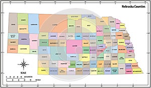 Nebraska state outline administrative and political map in color