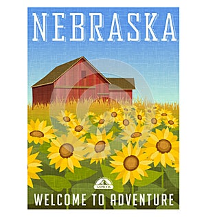 Nebraska travel poster. Sunflowers in front of old red barn. photo