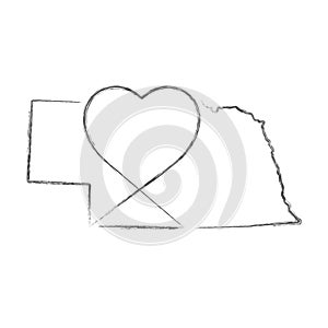 Nebraska US state hand drawn pencil sketch outline map with the handwritten heart shape. Vector illustration