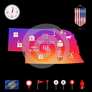 Nebraska Vector Map, Night View. Compass Icon, Map Navigation Elements. Pennant Flag of the USA. Industries Icons