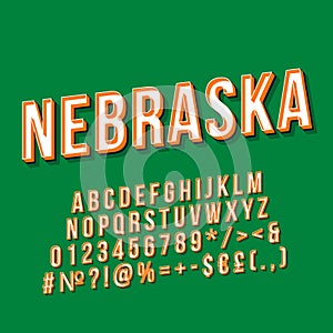 Nebraska vintage 3d vector lettering. Retro bold font, typeface. Pop art stylized text. Old school style letters