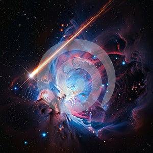 The nebula is a blend of swirling blues, pinks, and purples, speckled