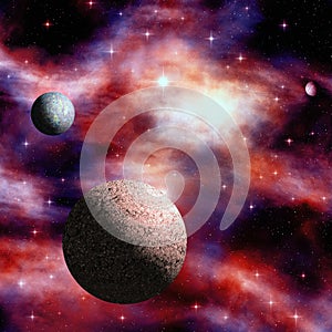 Outer space nebula with stars and planets
