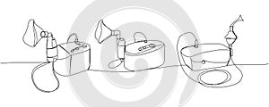 Nebulizer set. Compressor inhaler, medical supplies, equipment one line art. Continuous line drawing of medication