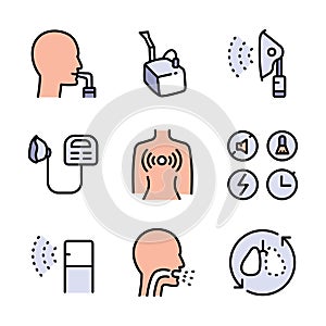 Nebulizer signs collection. Medical equipment for inhalation in the diseases, asthma, bronchitis. Healthcare symbol isolated on