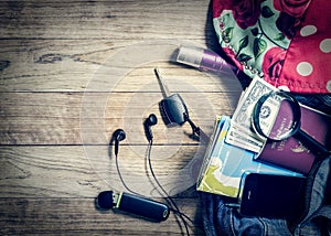 Necessary object for travelers in denim handbag