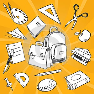 Necessary students things - hand drawn stationery, school bags, food on colorful backdrop