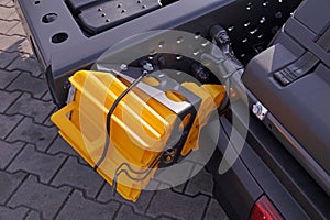 Necessary truck equipment wedge to prevent vehicle rolling. New equipment
