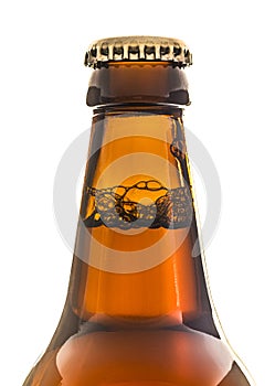 Neck of a brown beer bottle with cap showing the bubbles on a white background