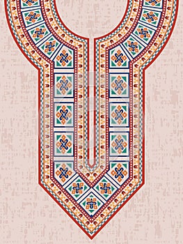 Neck design with colorful Celtic interlaced motifs for Kurta and kaftan.