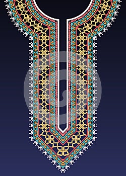 Neck design with intricated interlacing pattern and Greek key motifs for Indian kurta.