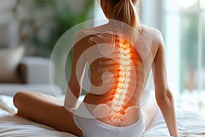 Neck and lumbar pain, intervertebral spine hernia, woman with back pain at home, spinal disc disease, health problems concept, AI
