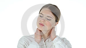 Neck pain, businesswoman on white background