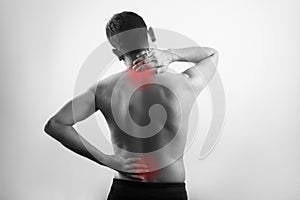 Neck pain, cervical spine and lumbar spine vertebra injury pain in male body, spinal cord injury or lower back pain