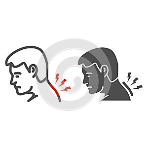 Neck pain line and solid icon, Body pain concept, Man suffering from neck ache sign on white background, man with pain