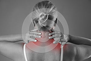 Neck pain, massage of female body, ache in woman`s body