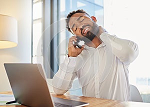 Neck pain, muscle and work stress of a corporate man on a business call at a computer. Tired businessman worker with