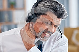 Neck pain problem, call center and business man with anatomy injury crisis, sore muscle or fibromyalgia strain, risk or