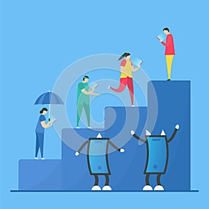 Neck pain research. People spend more time for look down to view smartphone or tablet. Vector illustration in flat style