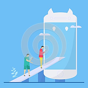Neck pain research. People spend more time for look down to view smartphone or tablet. Vector illustration in flat style