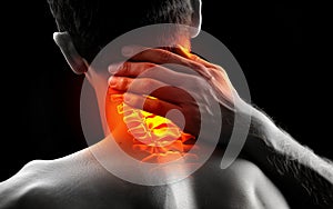 Neck pain, sciatica and scoliosis in the cervical spine, chiropractor treatment concept, painful area highlighted in red