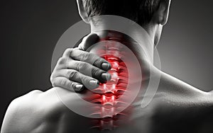 Neck pain, sciatica and scoliosis in the cervical spine, chiropractor treatment concept, painful area highlighted in red