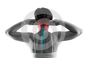 Neck pain, sciatica and scoliosis in the cervical spine isolated on white background, chiropractor treatment concept