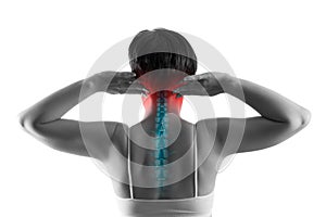 Neck pain, sciatica and scoliosis in the cervical spine isolated on white background, chiropractor treatment concept photo