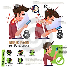 Neck pain from using smartphone or texting too much. infographic. right and wrong position for good health - vector