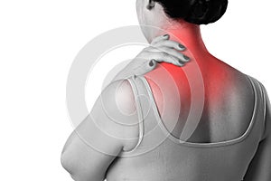 Neck pain, woman with backache isolated on white background