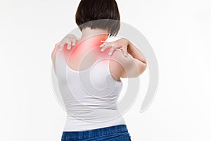 Neck pain, woman with backache on white background