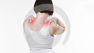 Neck pain, woman with backache on white background