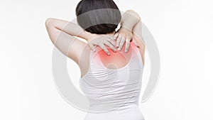 Neck pain, woman with backache on white background