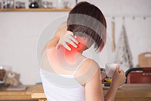 Neck pain, woman suffering from backache at home