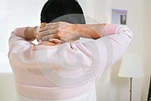 Neck and shoulder pain of old woman, healthcare problem of senior concept